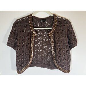 Lafayette 148 brown crochet shrug cardigan boho beaded sz S southwest aztec